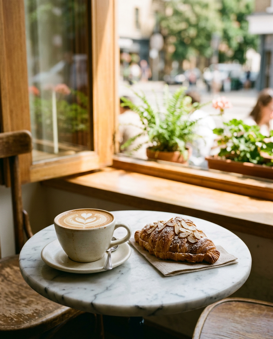 Sample post: a flat white and an almond croissant on a marble table