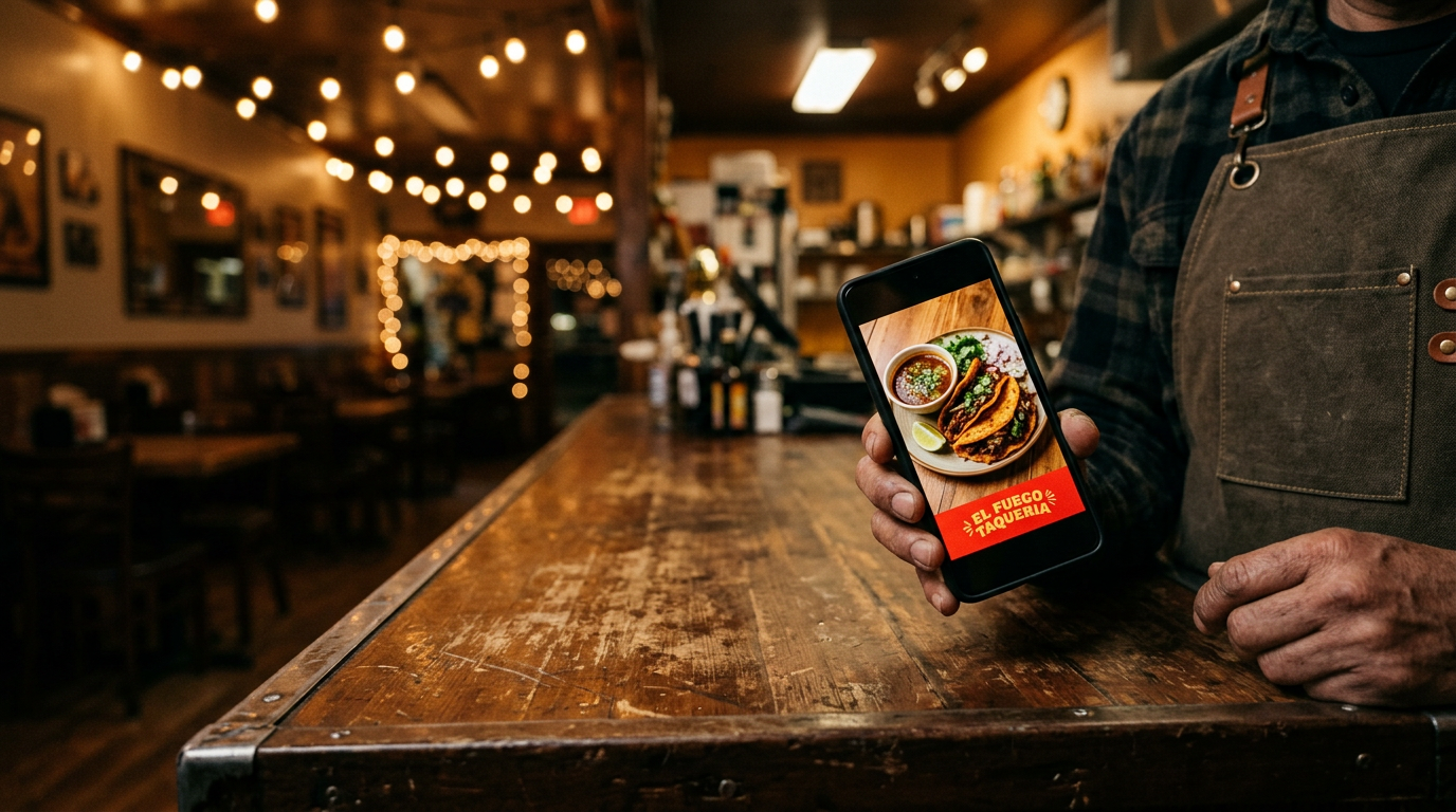An owner in an apron holds up a phone showing a finished birria taco post, inside a warm taqueria